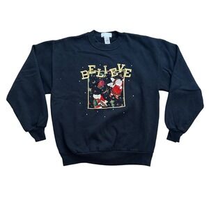 Vintage Quaker Factory Believe Christmas Sweatshirt Santa Angel Black WomenLarge